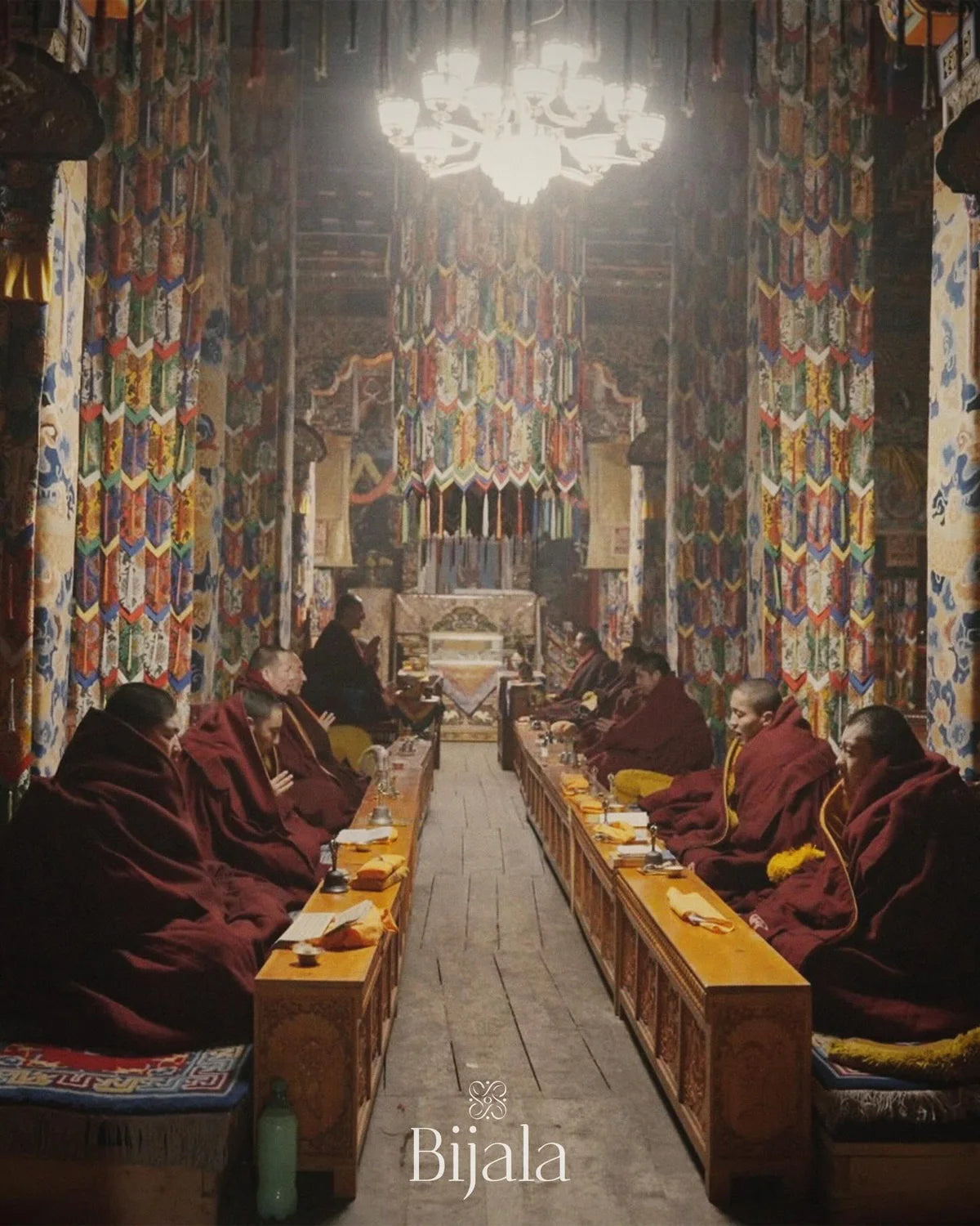 Monks gathered inside the temple hall